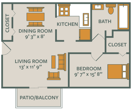 Floor plan for 1 bed, 1 bath, 570 sqft